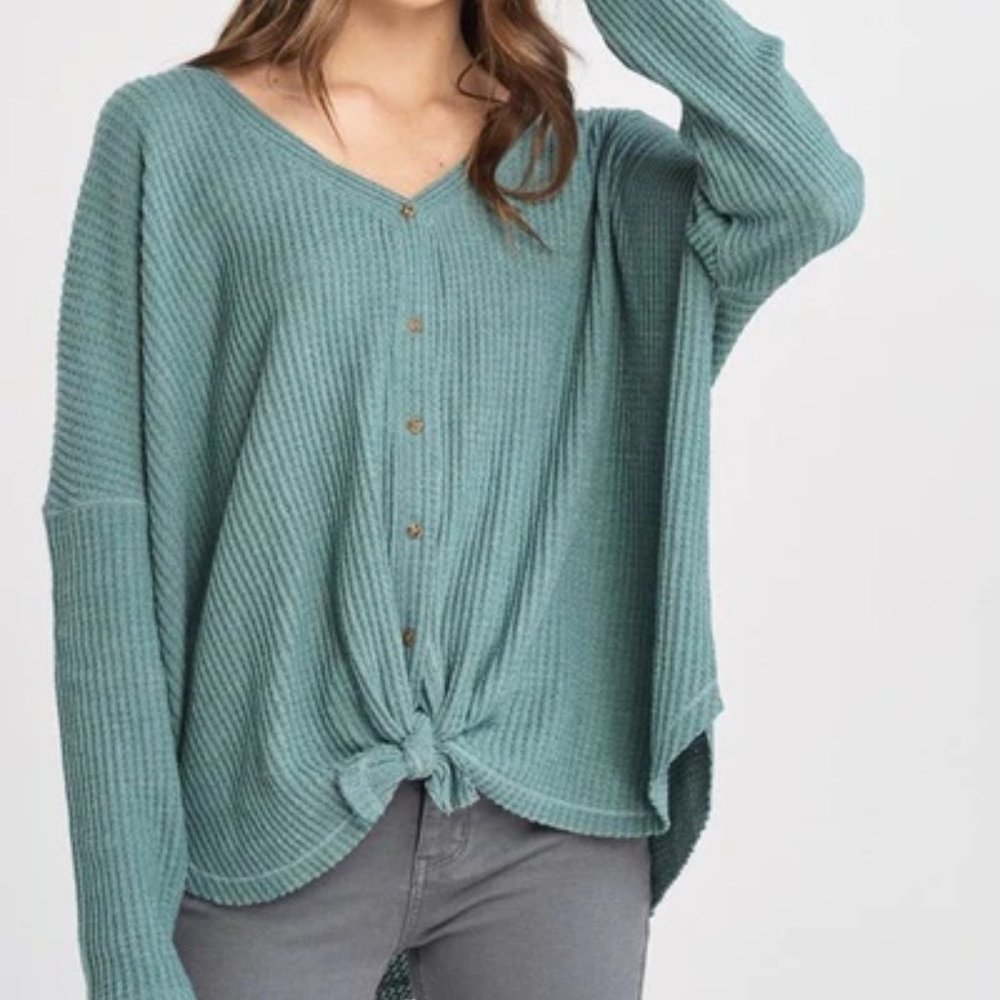Wishlist Long Sleeve Thermal Waffle Knit Top with Buttons and Tie, M/L